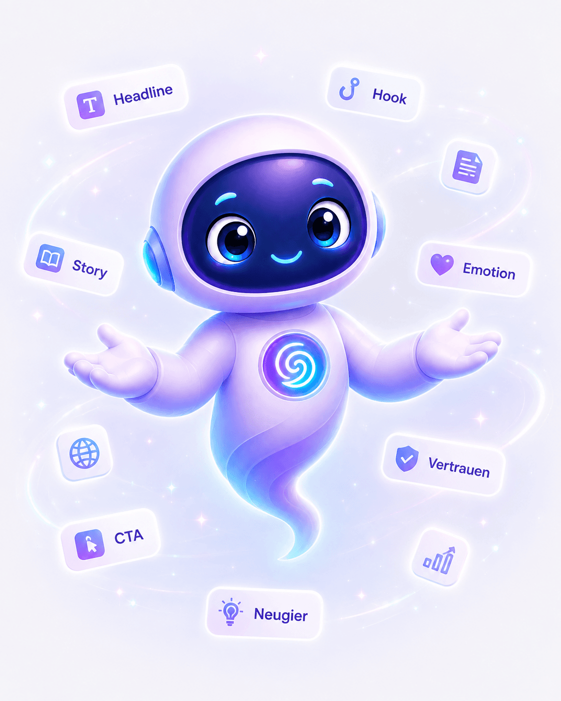 iDoopy-Maskottchen umgeben von Symbolen für Headline, Hook, Story, Emotion, Vertrauen, Neugier und Call-to-Action